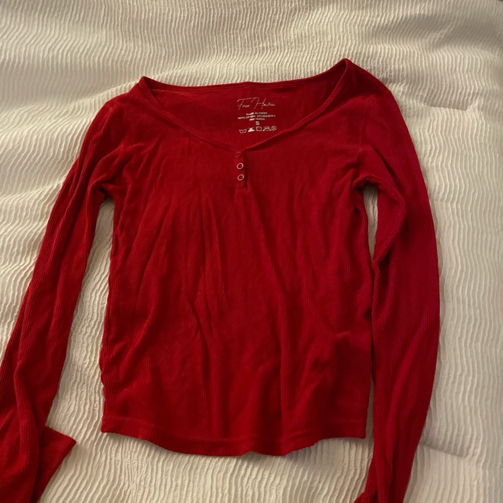 Vibrant Red Long Sleeve Henley Top